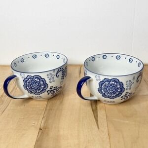 Yokohama Stufio Hand Painted Large Mugs‎ Blue Floral Print Set of 2